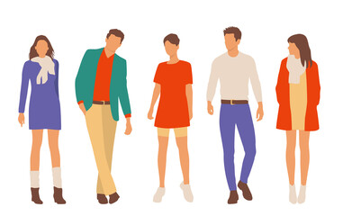 Obraz premium Set of young men and women, different colors, cartoon character, group of silhouettes of standing business people, students, the design concept of flat icon, isolated on white background