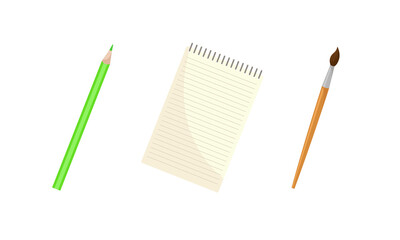 Stationery objects, school supplies set. Pencil, brush, notepad vector illustration