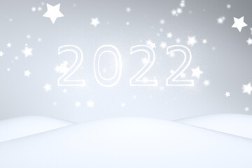 Happy snow landscape new year 2022 greetings card with blurry stars illustration.