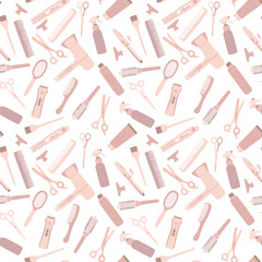 Obraz premium Seamless pattern with hairdressing tools, hair dryer, scissors, combs. Accessories for hairdressers in beige pastel color. Flat vector illustration for textiles and design