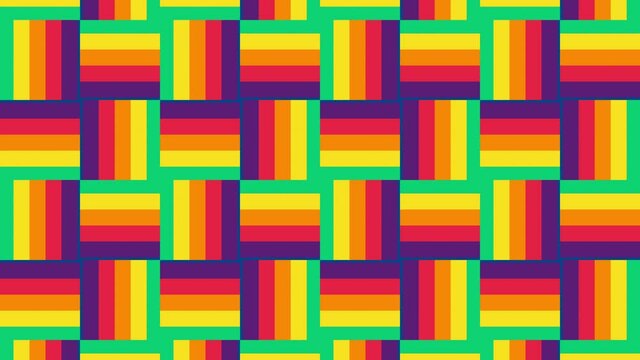 Abstract motion graphics lines pattern in a rainbow palette. Simple geometric mosaic with multicolor tiles is animated in a seamless loop	
