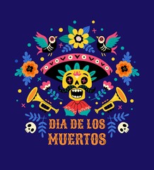Dia de los Muertos concept. Vector flat cartoon illustration with sugar festive skull in sombrero, surrounded by flowers, birds and trumpets, isolated on dark blue background.