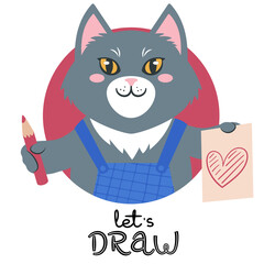 Vector illustration of a cute cartoon cat with pencil, sketch of a heart and slogan