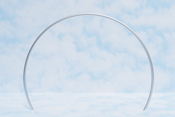 3d render of a silver ring arch with a cloudy sky scene background