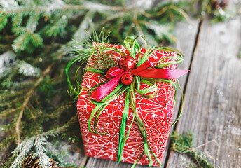 christmas new year gifts mock up on wooden background