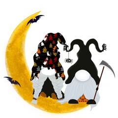 Halloween gnomes witch with the moon on white background