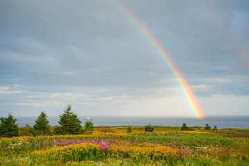 Wonderful rainbow accross the sky, falling in the sea, Gaspesie, Canada