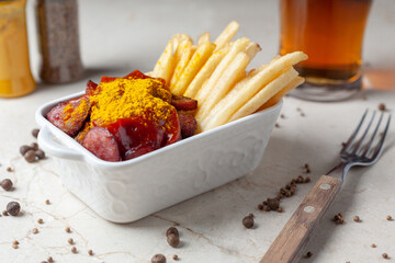 Currywurst with french fries in white bowl on marble table served with beer.