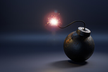 A metal bomb in the form of a cannonball with a burning fuse. Aggressive mood concept. Time bomb. Terrorism. 3d render.