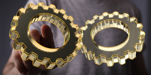 businessman hand draws gear to success.