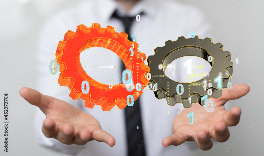 Poster Cogs and gear wheel mechanisms. Hi-tech digital technology and engineering. Abstract technical background..