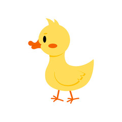 Yellow gosling or duckling icon isolated on white background. Funny domestic little baby goose - farm poultry bird. Flat design cartoon style vector illustration.