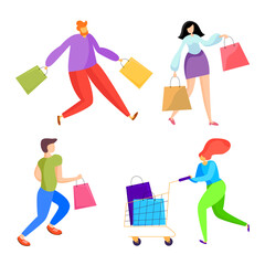 set people rush shopping. Illustration flat people on shopping. Sale and coupons.