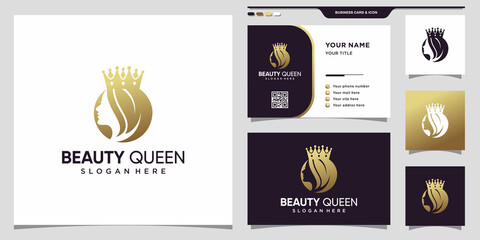 Beauty queen logo with woman face negative space concept and business card Premium Vector