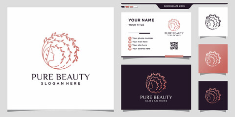 Fototapeta na wymiar Creative pure beauty logo with woman face linear style and business card design Premium Vector