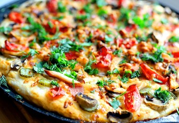 pizza made from champignons, tomatoes, ham, sausages, sprinkled with parsley and homemade dill. Man cuts pizza with a special knife