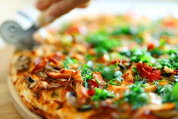 pizza made from champignons, tomatoes, ham, sausages, sprinkled with parsley and homemade dill. Man cuts pizza with a special knife