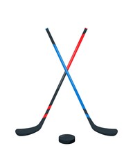 Hockey Sticks and black puck. Sport equipment.