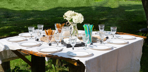 Festive white table setting in the backyard garden. Summer children's party, garden party, real...
