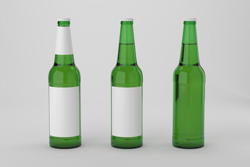 Green beer bottles with blank label. 3d rendering.