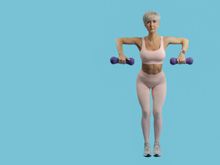 Beautiful sportive woman doing exercises with purple dumbbells. COPY SPACE