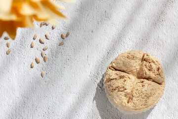 Tahini round halva plain traditional Turkish sweetness shadow background. Sweet vegetarian comfort food consept