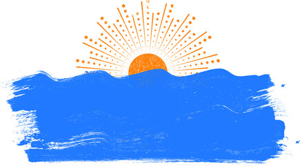Ocean, sun and Blue Abstract Waves . Sunset Logo Element. Surfing Icon . Brush Stroke . Vector Illustration. 