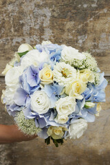 Wedding bouquet with rose, eustoma and hortensia flowers.