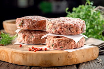 Frozen spicy pork patties with seasonings on table. Butcher minced meat cutlet