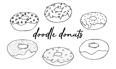 set Donut Doodles. vector illustration. drawing line donuts. Sketch of delicious donuts. Sweet desserts