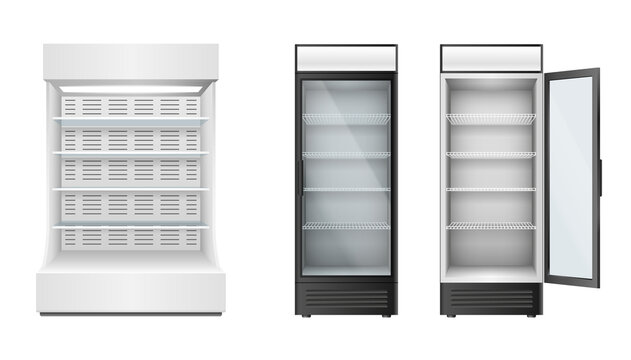 Set of fridges for supermarket or grocery store with glass door and selves for storage and display