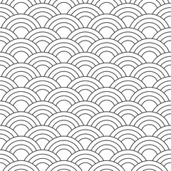 Art Deco seamless pattern with a thin black outline on a white background for modern fabrics, textiles, decorative pillows. Many circles are stacked like scales. Suitable for coloring. Vector.