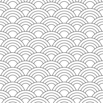 Art Deco seamless pattern with a thin black outline on a white background for modern fabrics, textiles, decorative pillows. Many circles are stacked like scales. Suitable for coloring. 