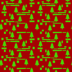 Christmas trees and green stripes on a red background. Winter background for any use.