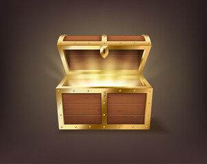Realistic open chest, vintage old treasure wooden box, pirate dover with golden glowing inside