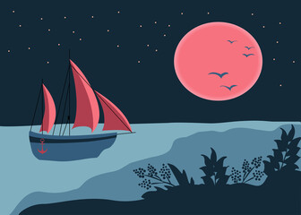 Boat in the ocean at night under the moon. Abstract landscape, minimal nature background at sunset, starry sky, moon, sea. Vector illustration in flat style, walldecor, wallpaper, poster.