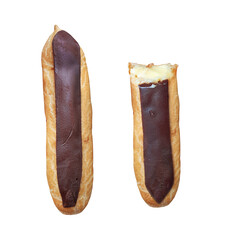 There are two chocolate eclairs. White background. Isolated.