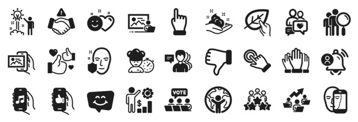 Set of People icons, such as Music app, Like app, Employees wealth icons. Chef, Face biometrics, Skin care signs. Click hand, Image album, Creative idea. Smile chat, Photo studio, Smile. Vector