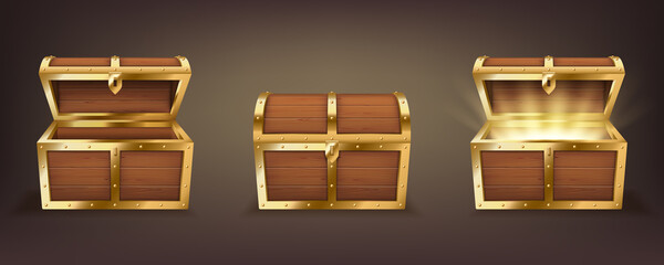 Set of wooden chests with open and closed lid, full of shining golden coins and empty realistic - obrazy, fototapety, plakaty