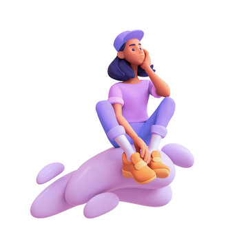 Pensive Casual Girl Student In Purple T-shirt, Blue Jeans, Orange Sneakers, White Socks, Cap Sits On Cloud Thinks Over Decision And Tries To Make The Right Choice. 3d Render Isolated On White Backdrop