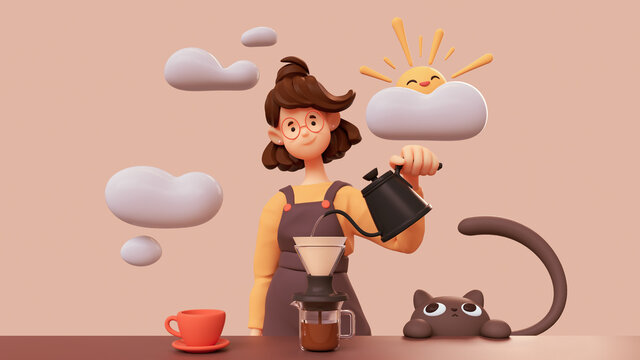 Cute smiling brunette girl in glasses wearing brown apron, yellow t-shirt making hand-drip coffee, pours hot water from black teapot into a paper filter. Good morning. 3d illustration in pastel colors
