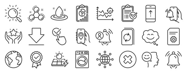 Set of Technology icons, such as Solar panels, Close button, Chemistry molecule icons. Notification bell, Swipe up, Update document signs. Alarm clock, Washing machine, Downloading. Report. Vector