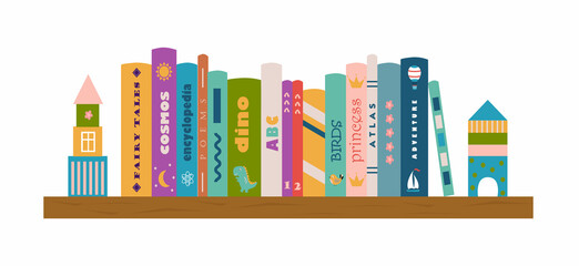 Bookshelf with children's books. Literature for kids. Children's reading. Colorful books covers. Fairy tales, encyclopedia, atlas, adventure, ABC. Banner for library, bookstore, fair, festival.