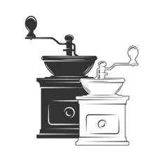 Silhouette of coffee grinder isolated on white background. Vector illustration