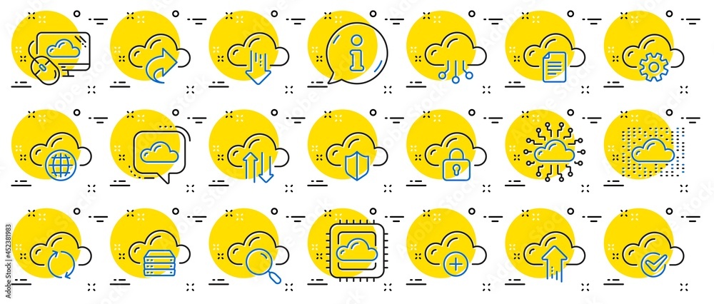 Poster cloud data and technology line icons. set of hosting, computing data and file storage icons. archive