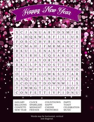 Happy New Year word search puzzle.16 Winter holiday themed words to find.  Printable  game. Party card.  Vector illustration