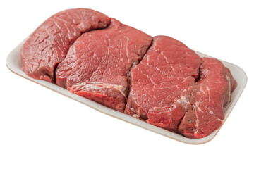fresh raw meat on a plastic packing plate isolated on white