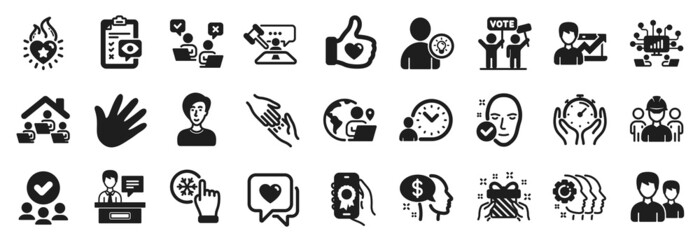 Set of People icons, such as Judge hammer, Like hand, Engineering team icons. Businesswoman person, Timer, Hand signs. Work home, Exhibitors, Heart flame. User idea, Approved group, Pay. Vector