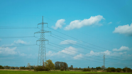 Power line pole, electrical Pylon, blue sky, clouds