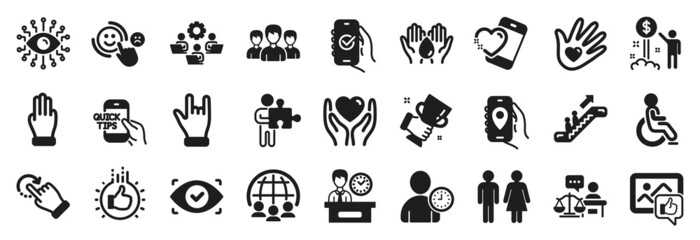 Set of People icons, such as Safe water, Disabled, Hold heart icons. Like hand, Income money, Court judge signs. Teamwork, Heart, Like photo. Presentation time, Group, Three fingers. Vector